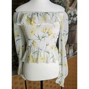Love & Piece Blouse Size S Sheer Long Sleeve Ruffle Floral Yellow